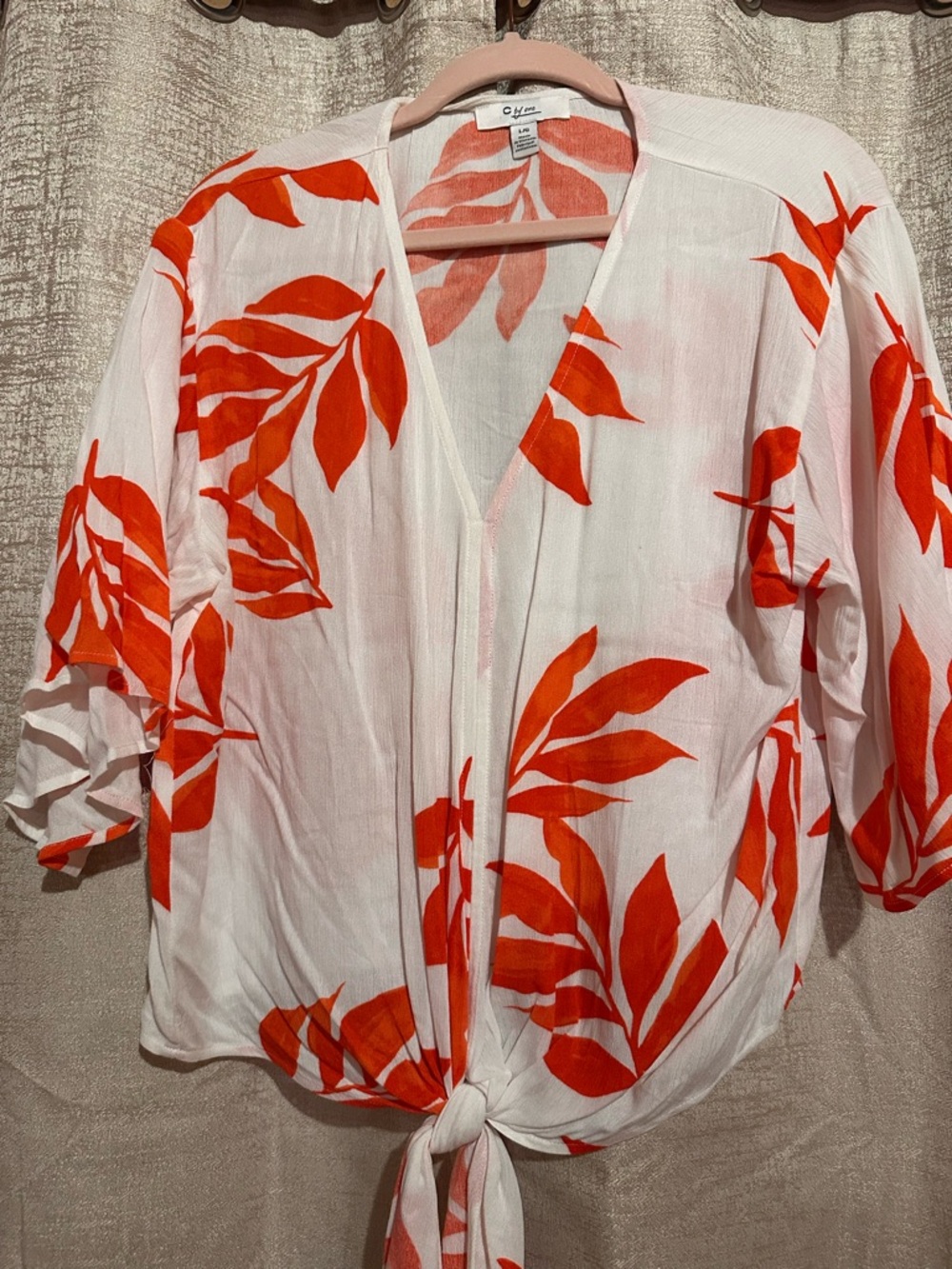 Tie-Front White Blouse with Orange Leaf Print